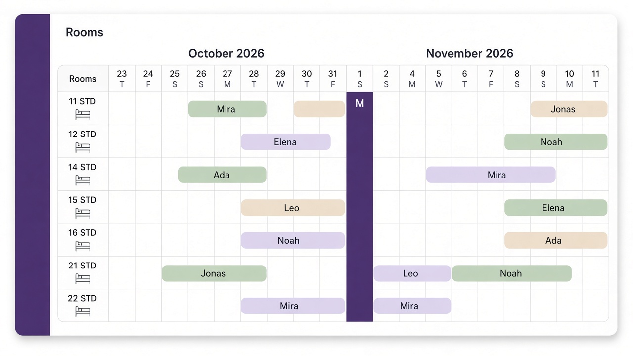 A modern room calendar, with the current day marked in purple.
